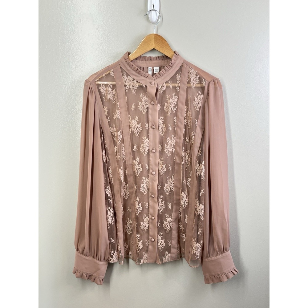 Cato Lace Sheer Long Sleeve Button Up Blouse Ruffle Sleeve Button Up Pink 18/20